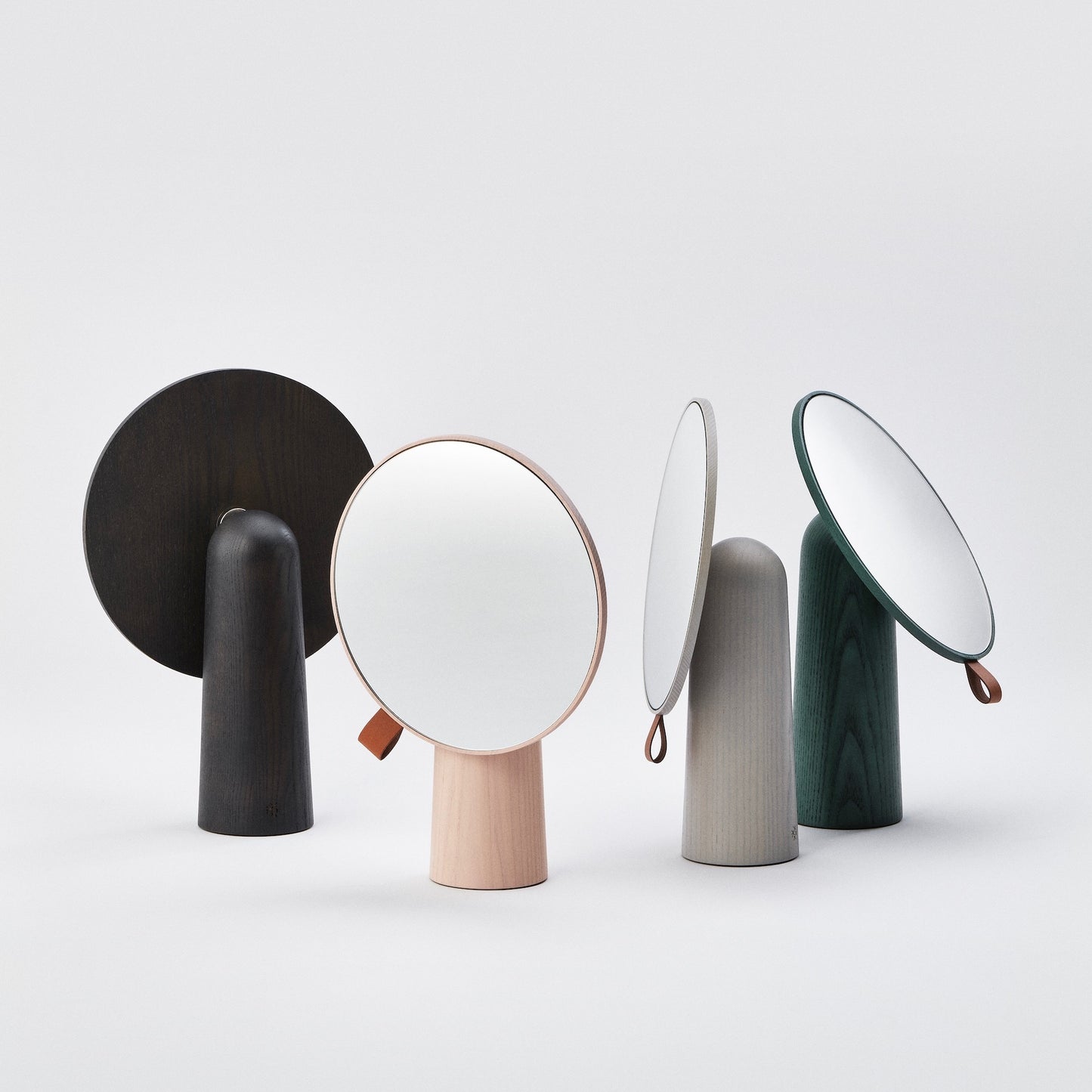 Sasaki Pivot Mirror / Dark Gray, Pale Pink, Light Gray and Green (from left)
