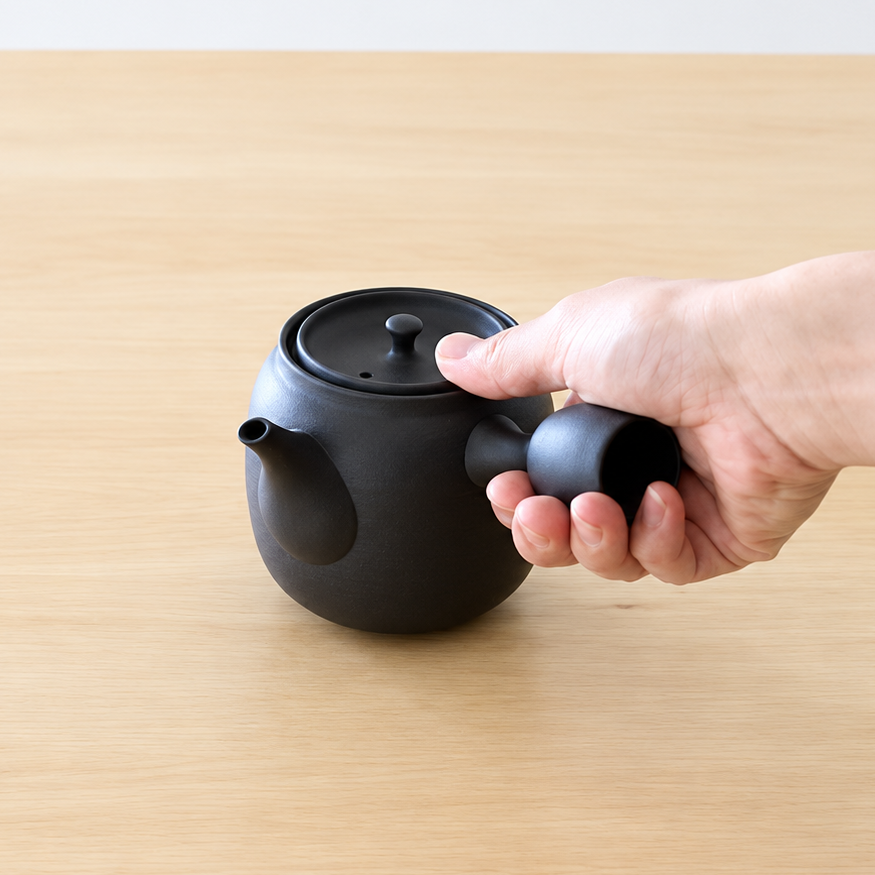 Susumuya Chaten Susumu Kyusu 2 Teapot<br>
The double-walled lid stays cool when you hold it down, so pouring one-handed is easy