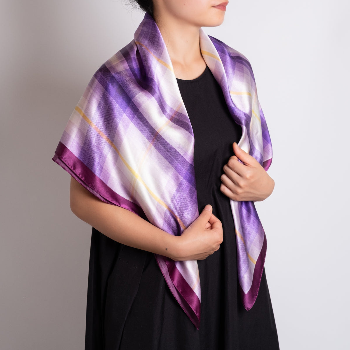 atelier shimura Fukumi Silk Scarf in Ayamegusa, purple check pattern