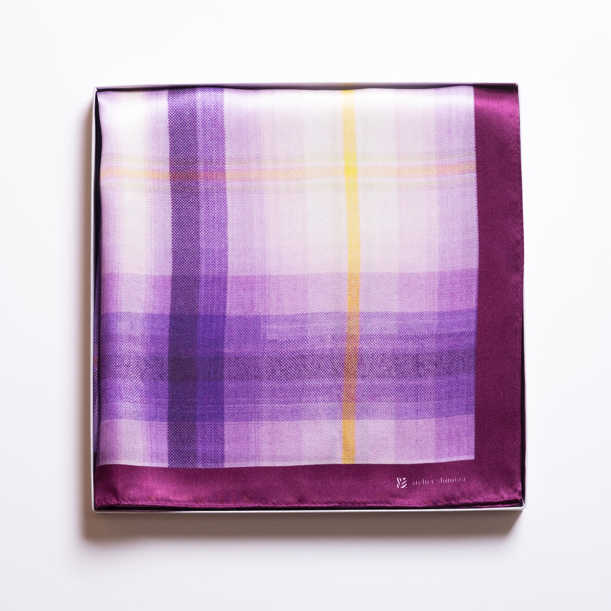 atelier shimura Fukumi Silk Scarf in Ayamegusa, purple check pattern
