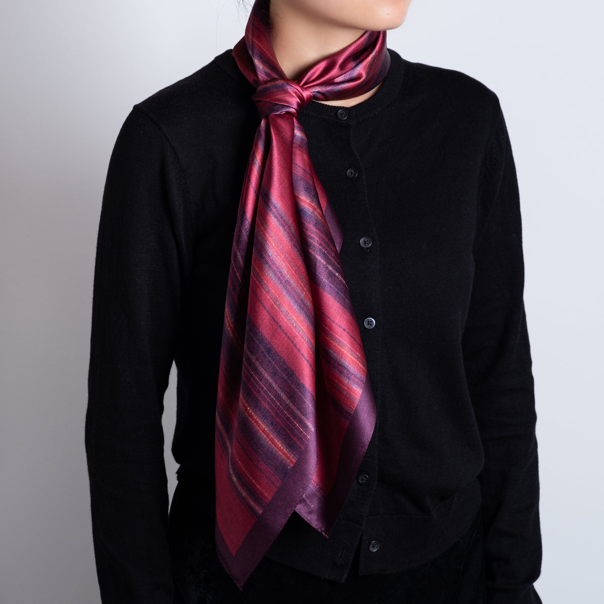 atelier shimura Fukumi Silk Scarf in Suō Yokojima, crimson horizontal stripes