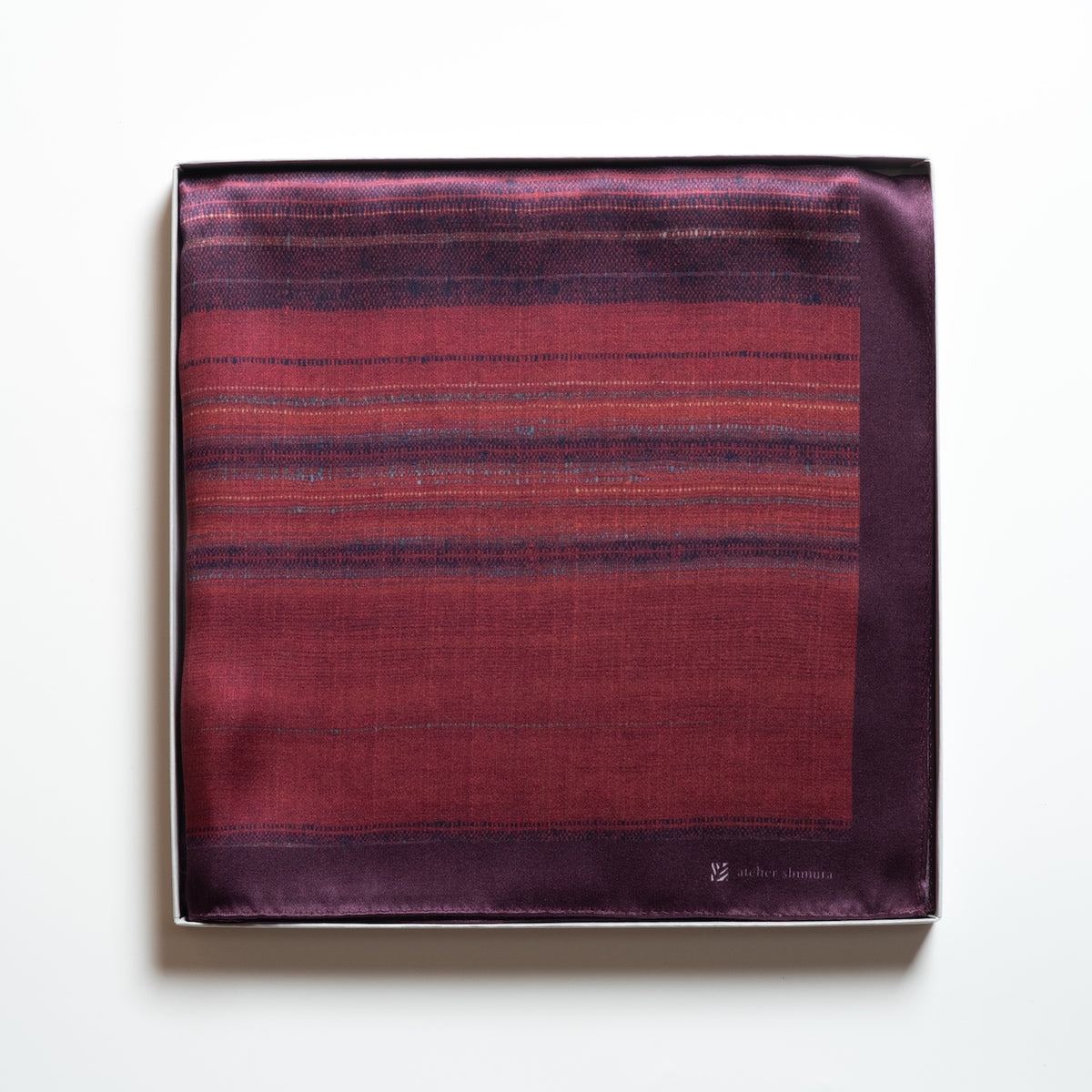 atelier shimura Fukumi Silk Scarf in Suō Yokojima, crimson horizontal stripes