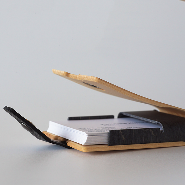 Vertical Compact Business Card Holder Storio bentwood open spring mechanism promotion gift Japan