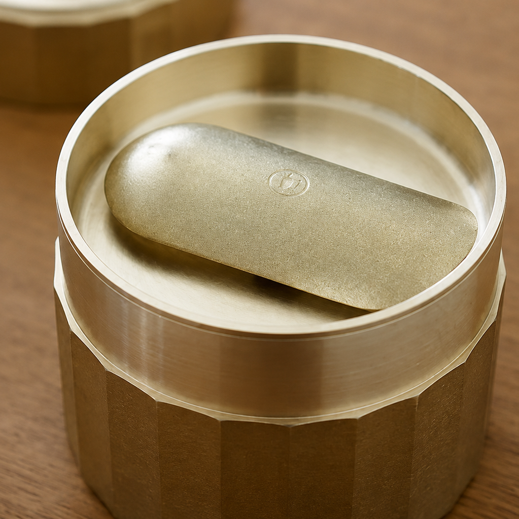Susumuya Chaten Susumu Tea Caddy & Scoop Set<br>A cast brass tea caddy with a weighty, striking presence