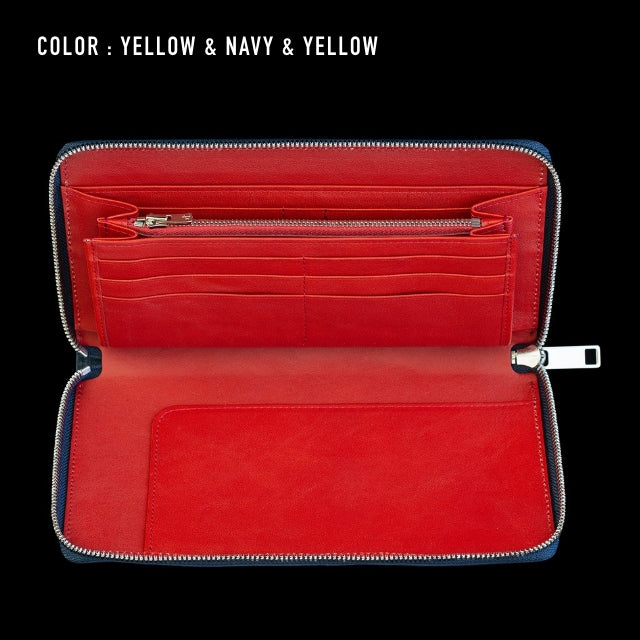 Go-One Stingray Leather Two-Tone Long Wallet<br>Yellow × Navy with Red Interior