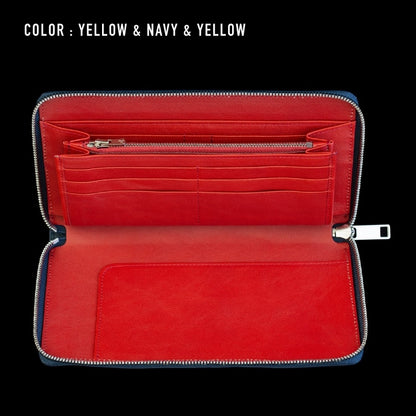 Go-One Stingray Leather Two-Tone Long Wallet<br>Yellow × Navy with Red Interior