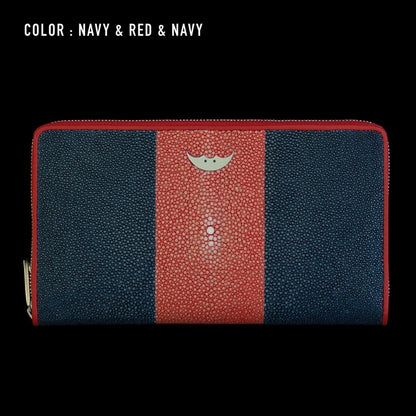 Go-One Stingray Leather Two-Tone Long Wallet<br>Navy × Red