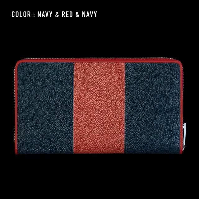 Go-One Stingray Leather Two-Tone Long Wallet<br>Navy × Red