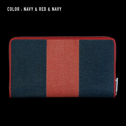 Go-One Stingray Leather Two-Tone Long Wallet<br>Navy × Red