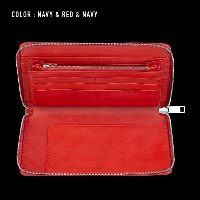 Go-One Stingray Leather Two-Tone Long Wallet<br>Navy × Red with ed Interior