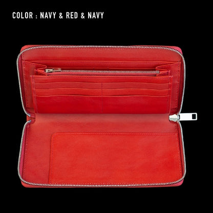 Go-One Stingray Leather Two-Tone Long Wallet<br>Navy × Red with ed Interior