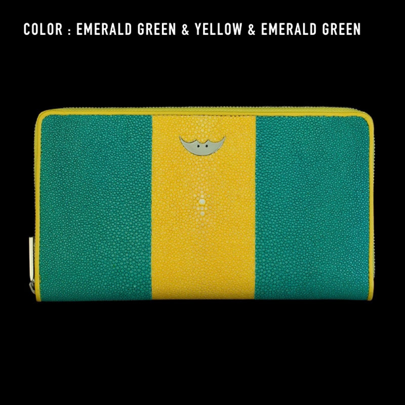 Go-One Stingray Leather Two-Tone Long Wallet<br>Emerald Green × Yellow