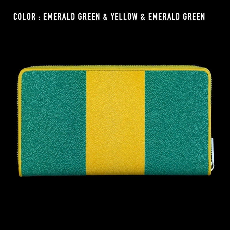 Go-One Stingray Leather Two-Tone Long Wallet<br>Emerald Green × Yellow