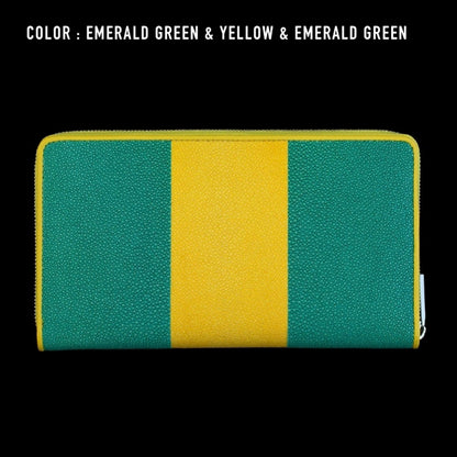 Go-One Stingray Leather Two-Tone Long Wallet<br>Emerald Green × Yellow