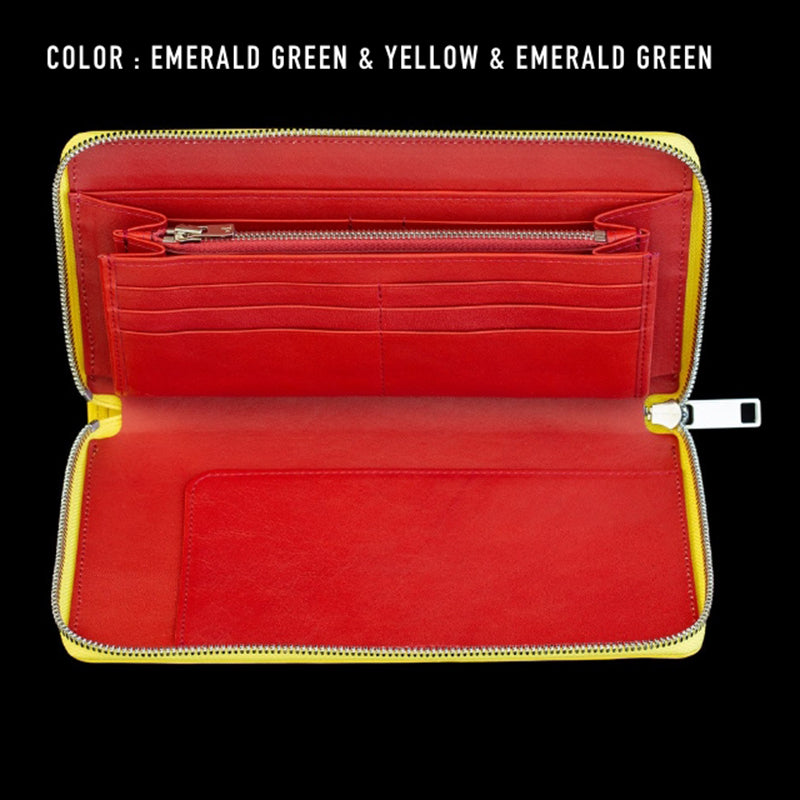 Go-One Stingray Leather Two-Tone Long Wallet<br>Emerald Green × Yellow with Red Interior