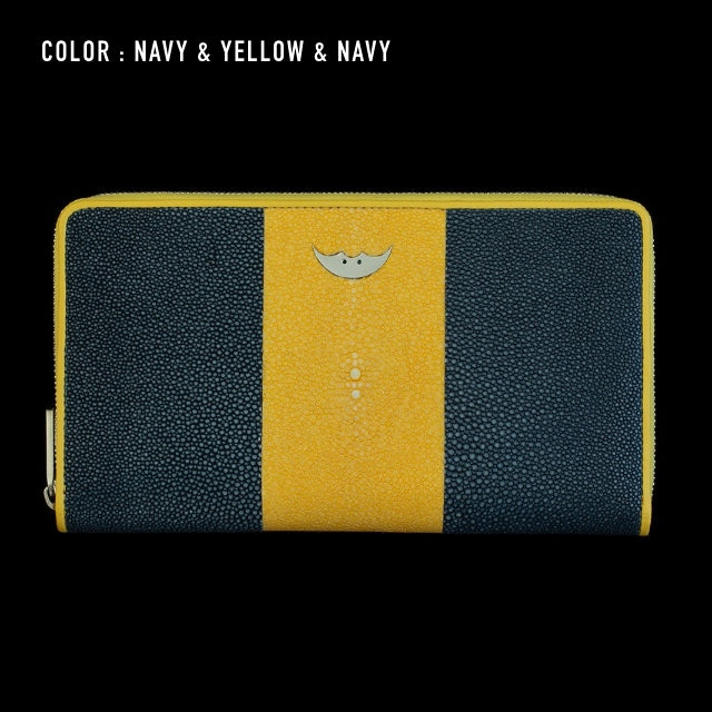 Go-One Stingray Leather Two-Tone Long Wallet<br>Navy × Yellow
