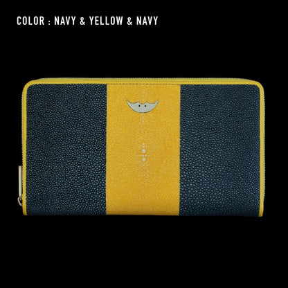 Go-One Stingray Leather Two-Tone Long Wallet<br>Navy × Yellow