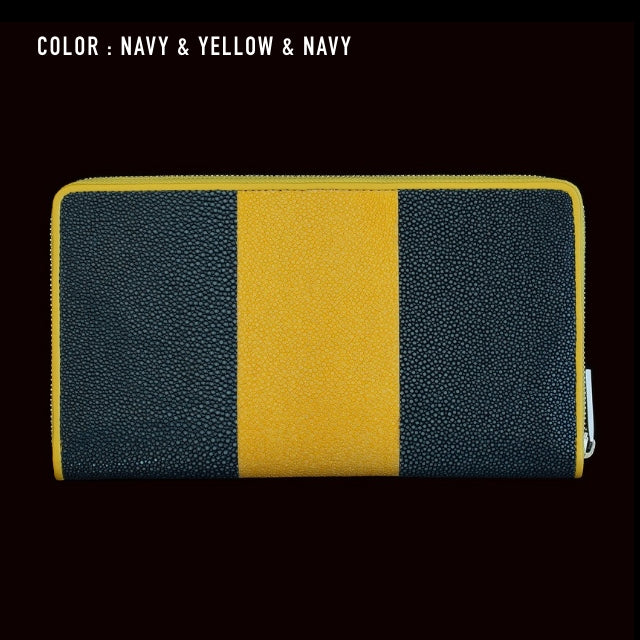 Go-One Stingray Leather Two-Tone Long Wallet<br>Navy × Yellow