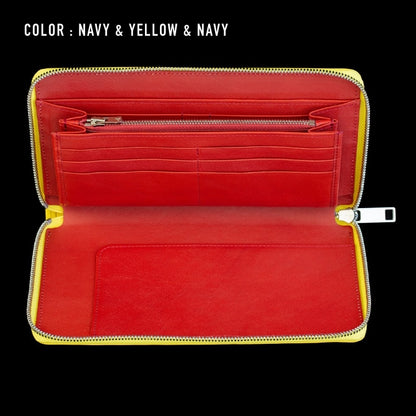 Go-One Stingray Leather Two-Tone Long Wallet<br>Navy × Yellow with Red Interior