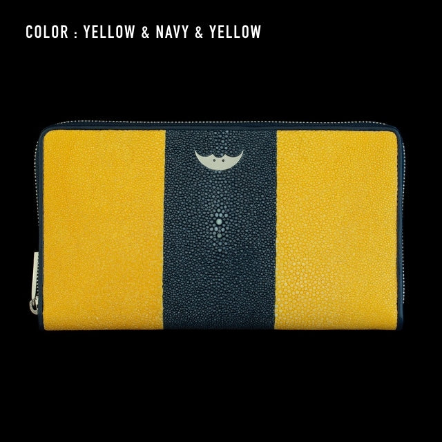 Go-One Stingray Leather Two-Tone Long Wallet<br>Yellow × Navy