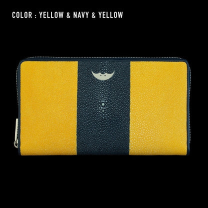 Go-One Stingray Leather Two-Tone Long Wallet<br>Yellow × Navy