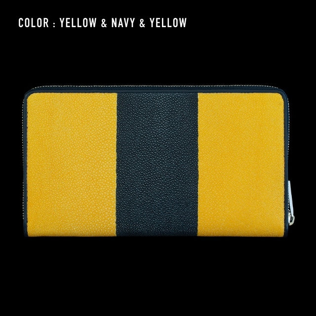 Go-One Stingray Leather Two-Tone Long Wallet<br>Yellow × Navy