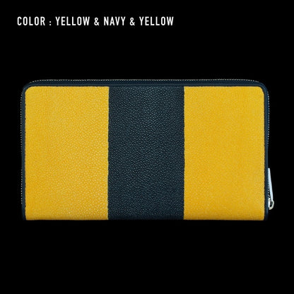 Go-One Stingray Leather Two-Tone Long Wallet<br>Yellow × Navy