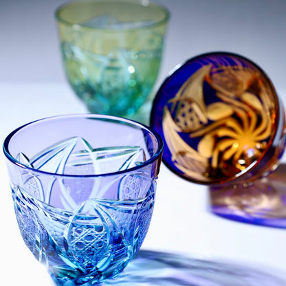 Japanese style cut glass Hana-arashi Flower Storm by Chikaraishi — handcrafted colored glassware, luxury Japan gift
