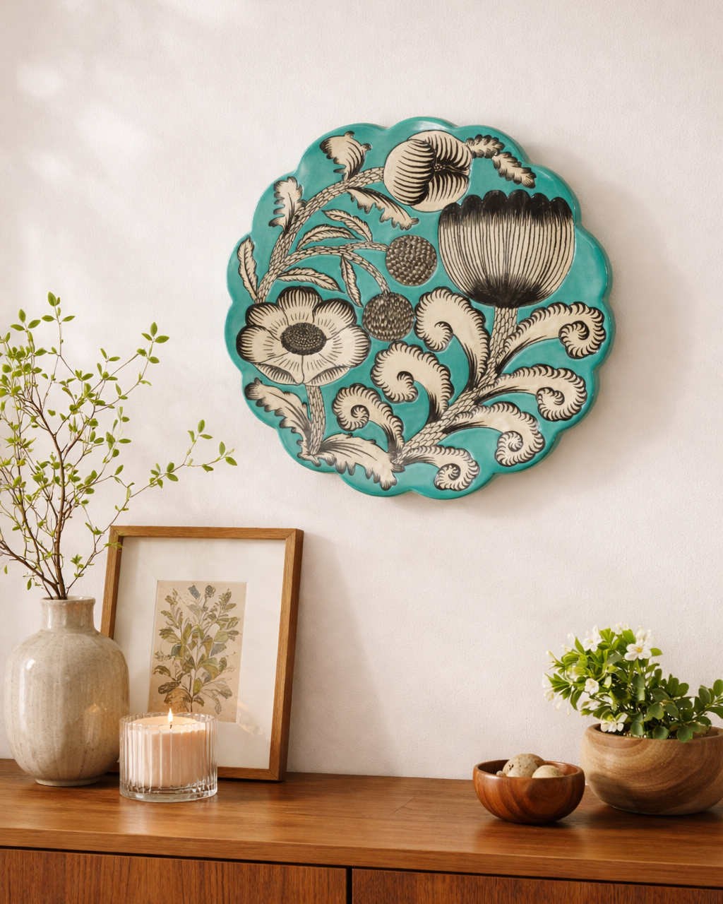 Large Art Platter by Natsumi Noda — teal ceramic wall art with floral motif. Japanese pottery