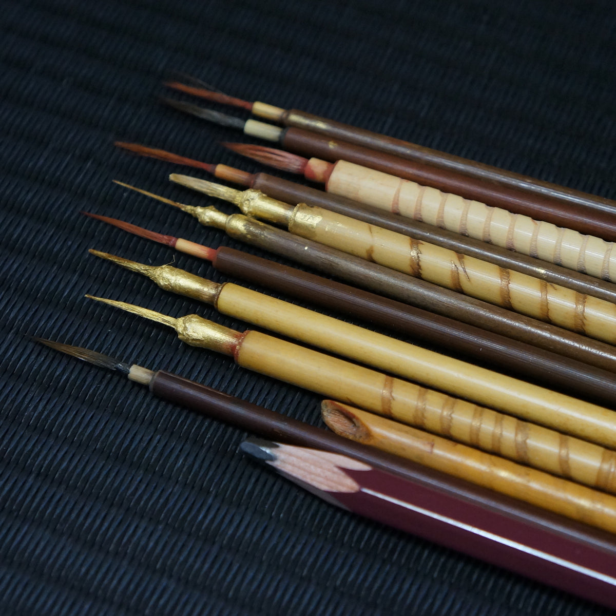 Komekyu’s brushes, prepared over three years for fine-line painting